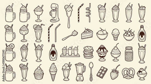 A detailed collection of hand-drawn illustrations featuring various desserts, beverages, and related items, presented in a vintage, sketch-like style.