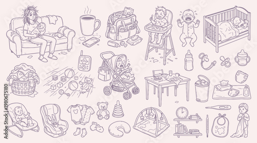 A detailed illustration showcasing a wide array of baby care items and a tired parent, depicting the realities of early parenthood.