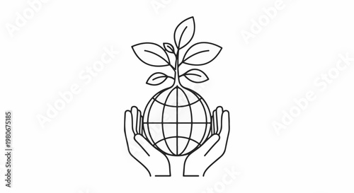 Two hands cupping a globe with a plant growing from its top