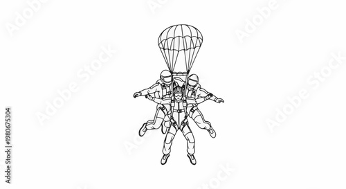 Three skydivers in formation under one parachute, descending