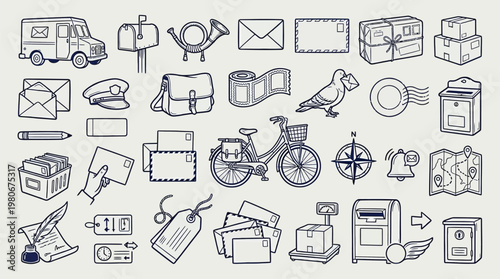 A comprehensive collection of hand-drawn icons representing various aspects of postal services, mail delivery, and communication.