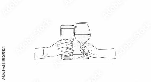 Two hands holding drinks, toasting against a white background