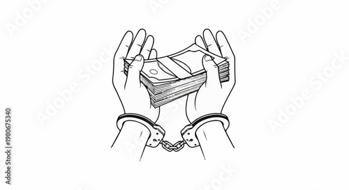 Two hands in handcuffs hold a thick stack of bills