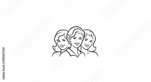 Three smiling women with short styled hair, black and white outline
