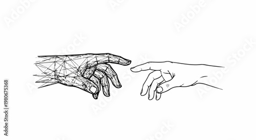 Two hands, one digital, one organic, reaching towards each other