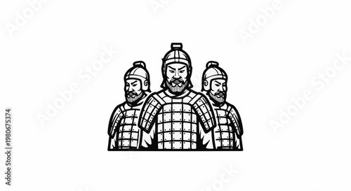 Three stoic warriors in segmented armor and helmets, facing forward