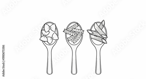 Three spoons filled with different pasta shapes farfalle, fusilli, and penne