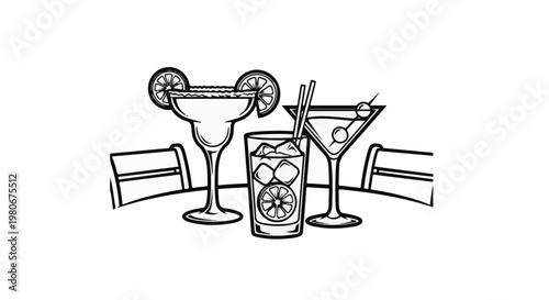 Three stylized drinks with citrus garnishes and ice, at a table with chairs