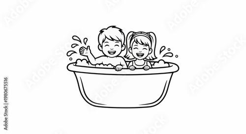 Two happy cartoon children splashing and laughing in a bubble-filled bathtub