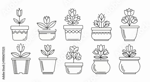 Ten outlined potted plants with tulip-like flowers and varied pots
