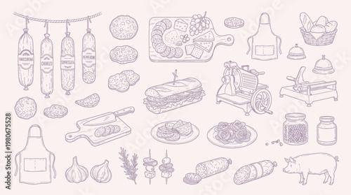 A charming hand-drawn illustration showcasing a delightful assortment of cured meats, artisanal cheeses, fresh produce, and culinary tools, evoking a rustic deli or butcher shop ambiance.