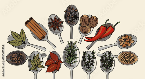 Various spices and herbs arranged in spoons on a light background