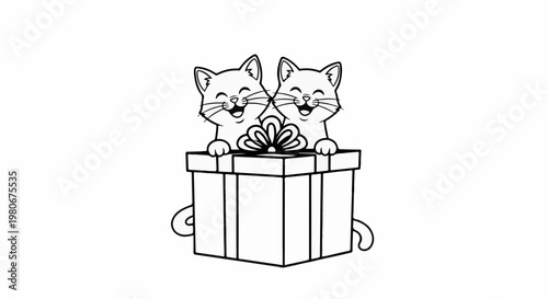 Two happy cartoon kittens pop out of a gift box, with a bow on top
