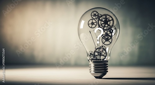 Conceptual image of a light bulb with internal gears and a question mark symbolizing creative problem solving.