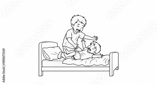 Two happy children are joyfully playing on a bed, one on top of the other