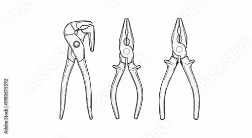 Three types of pliers, line drawing