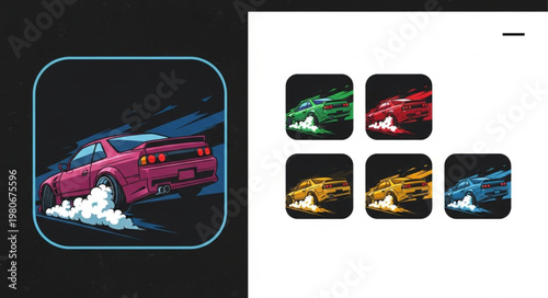 Retro pixel art sports car drifting with smoke.