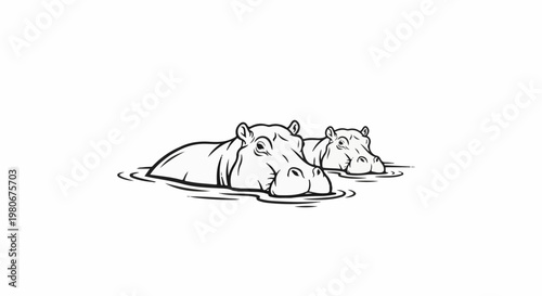 Two hippos submerged in water, black outline illustration