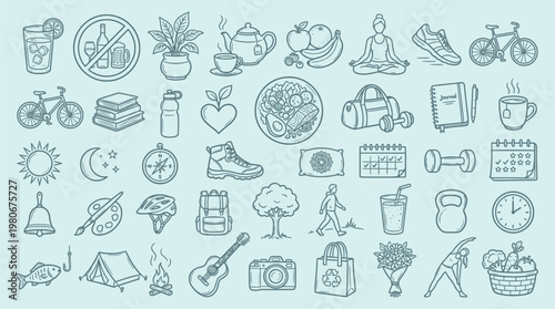 A comprehensive collection of hand-drawn icons representing various aspects of a healthy and active lifestyle, including fitness, nature, and relaxation.