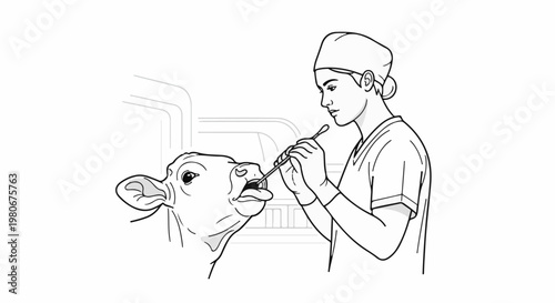 Veterinarian performs examination on young calf, collecting sample