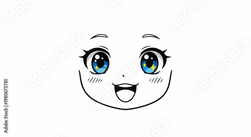 Vibrant anime eyes on a smiling face with rosy cheeks and detailed features
