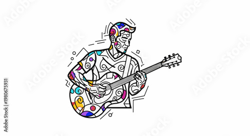 Vibrant geometric figure plays an acoustic guitar with colorful abstract patterns