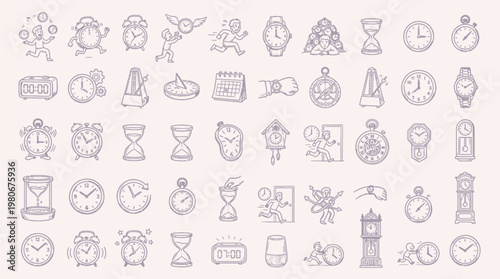 A comprehensive collection of hand-drawn illustrations depicting various timekeeping devices and concepts.
