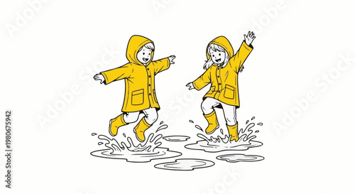 Two joyful children in yellow raincoats splash in puddles