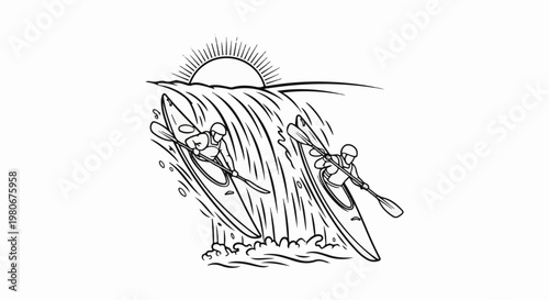 Two kayakers navigate a waterfall under a sunburst