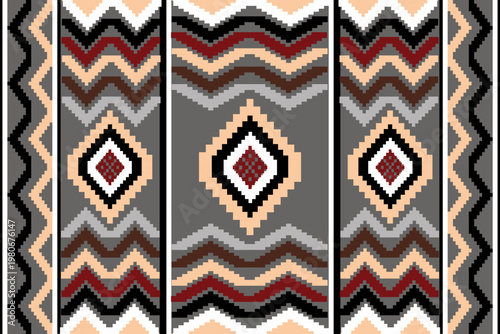 Geometric native tribal seamless pattern. Sadu style design with diamond and zigzag stripes in earth tones of grey, red, brown, black and white. Traditional textile motif for rug, fabric,boho print