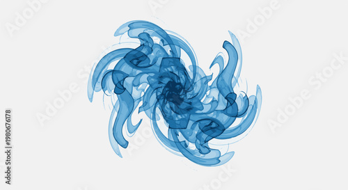 Swirling blue abstract forms create a dynamic, fluid-like vortex on a white backdrop