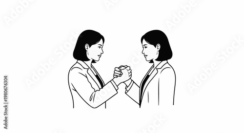 Two women in business attire grip hands in a friendly arm wrestle