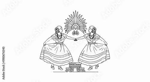 Two women in traditional attire dance around an ancient structure under a headdress