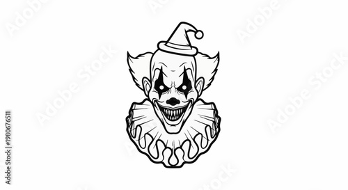 Terrifying clown face with a ruffled collar and pointy hat