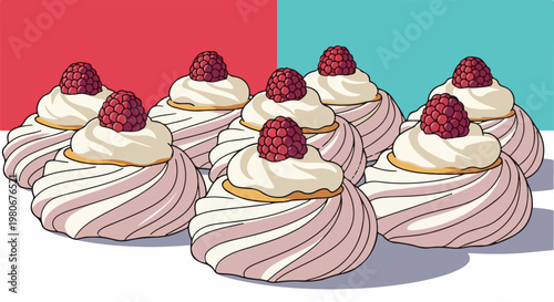 Swirl meringue desserts with raspberries on a split red and teal background