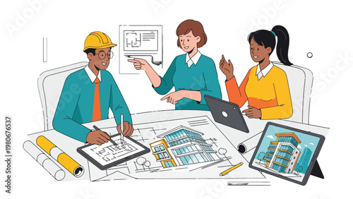 Blueprint Collaboration: A team of diverse professionals gathers around architectural blueprints, engaged in animated discussion and collaboration. Representing the synergy of design and engineering