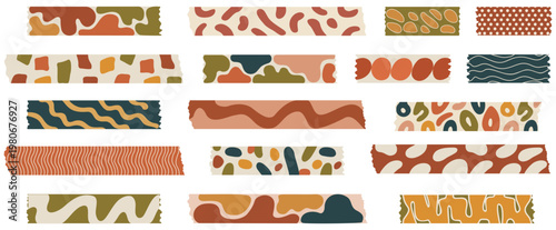 Colorful washi tape set with abstract shapes organic elements and scrapbook strips for labels borders and digital sticker design use