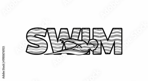 Textual graphic of a swimmer within the word "SWIM" with wavy fill