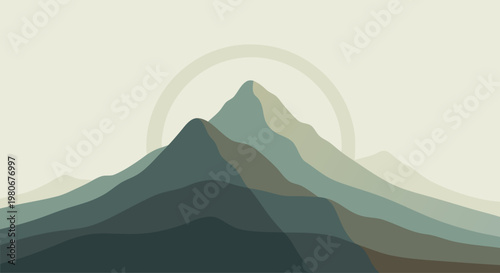 Layered muted mountain silhouettes with circular sun motif