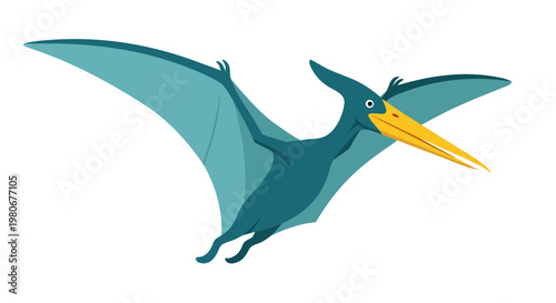 Flying pterosaur gliding with wings outstretched on white background
