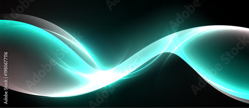 Abstract flowing lines, teal hues, bright center glow. Dark background creates dramatic visual effect. Smooth curves suggest movement.