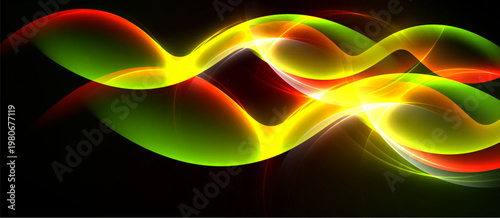 Abstract waves, vibrant colors blend. Red, green, yellow hues create dynamic flow, dark background enhances luminosity.