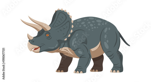 Horned triceratops walking with head lowered on white background