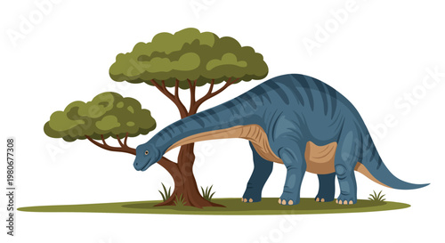 Large sauropod grazing beside trees on grassy terrain