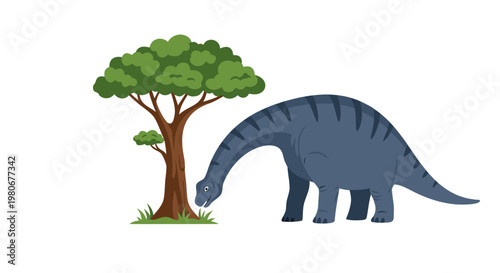 Long neck dinosaur grazing beside tree on white background