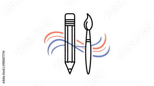 Artistic concept showing a pencil and a paintbrush crossed by vibrant blue and orange wavy lines on a white background.