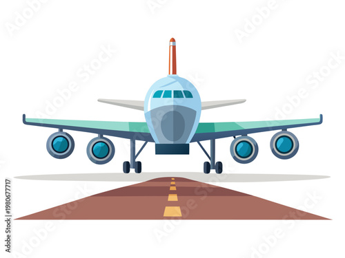 Airplane positioned on runway facing viewer at airport