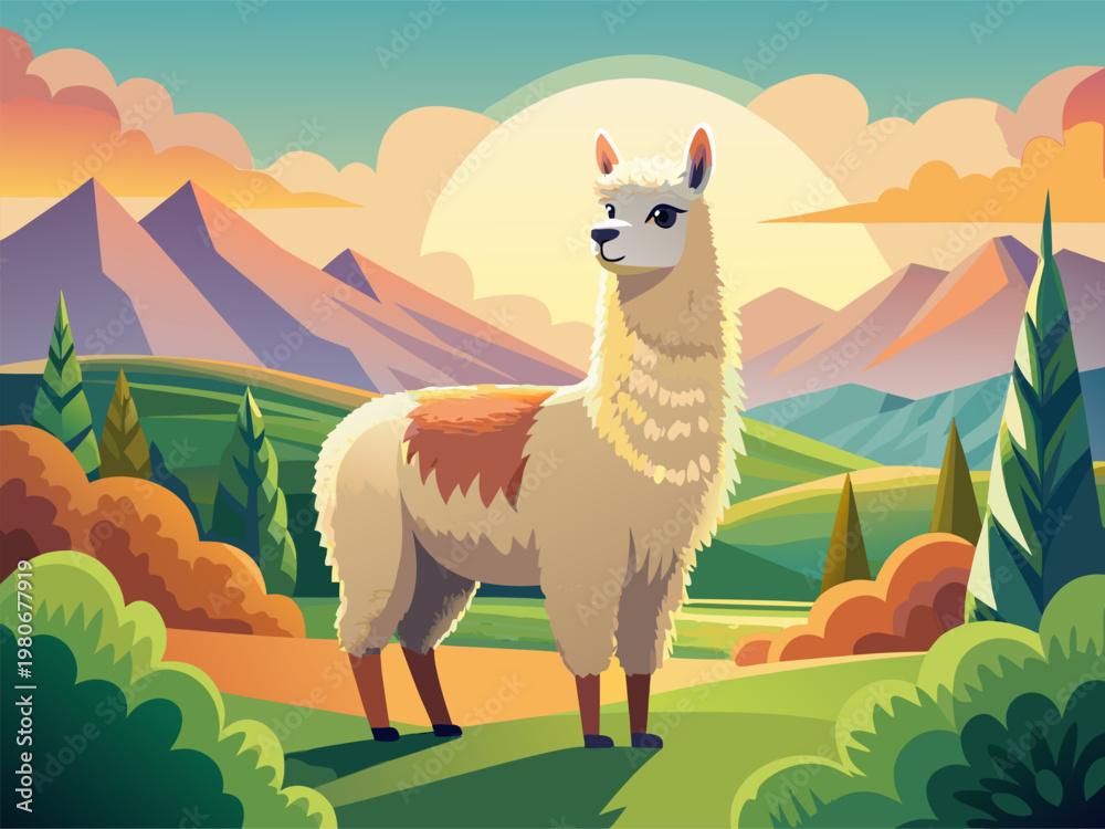 Obraz premium Llama posing in colorful valley during sunrise landscape