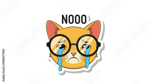 Heartbreaking illustration of a ginger cat wearing glasses with tears in its eyes and the word nooo written above it.