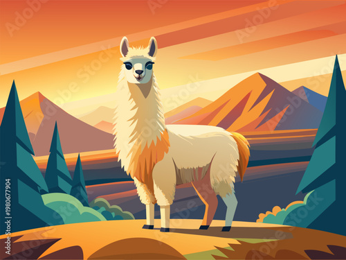 White llama standing on hill with mountain sunset background